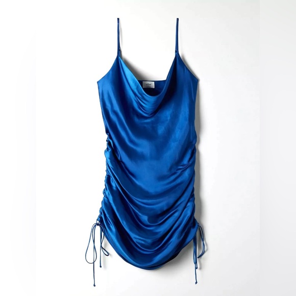 Aritzia Wilfred Only Ruched Slip Dress Adjustable Length Night bird Blue sz SML - Picture 10 of 10